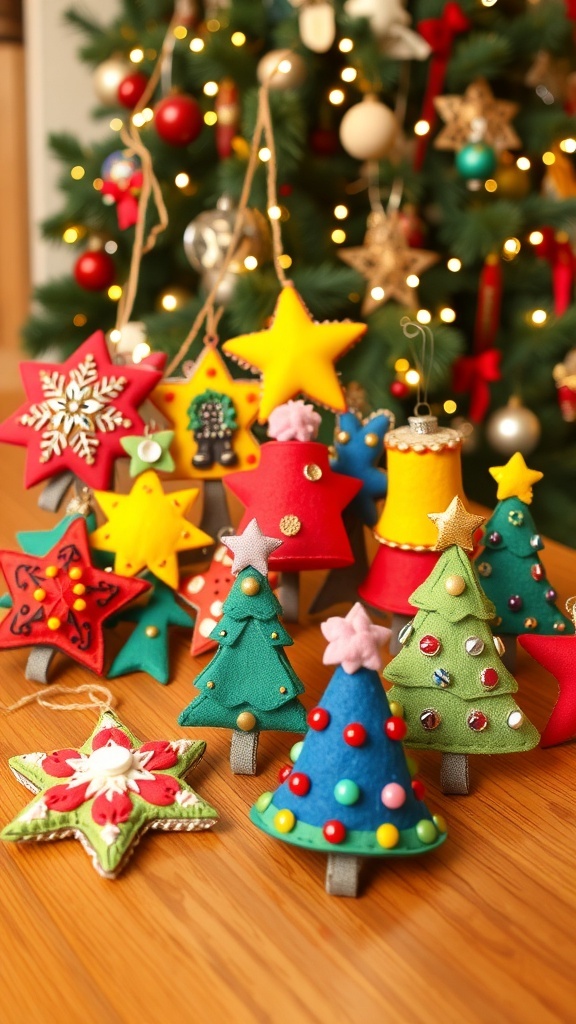 Colorful 1960s-inspired handmade Christmas ornaments on a wooden table.